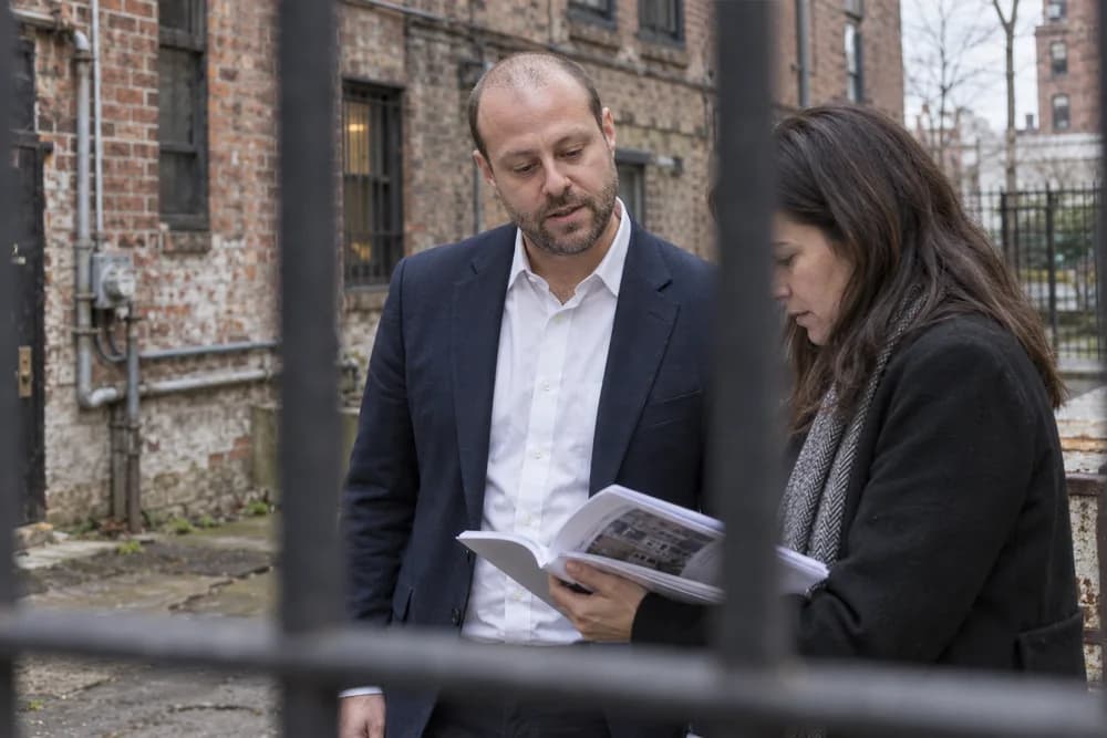 Joshua Butnick walking a client through a due diligence report at a property site