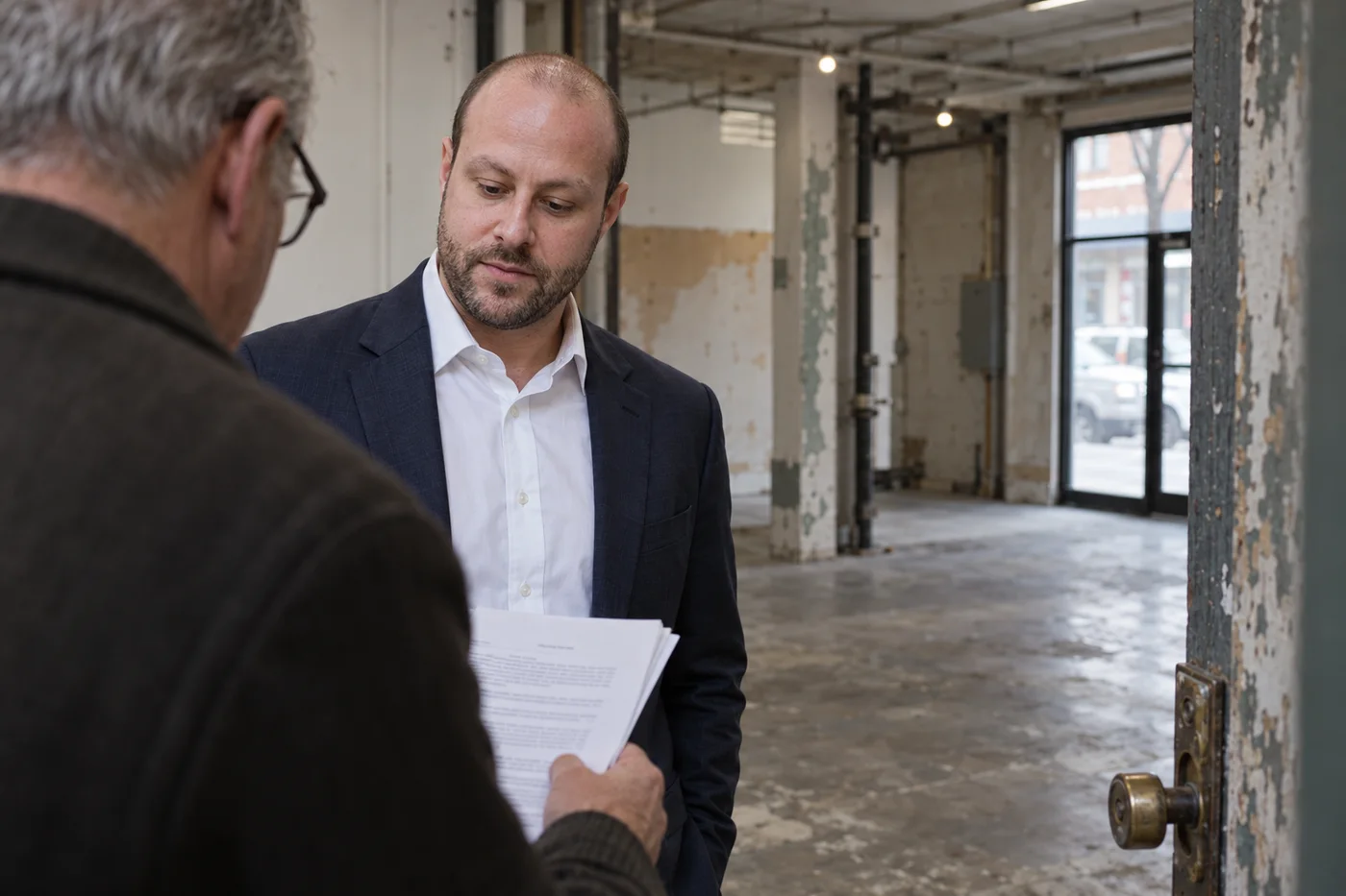 Joshua Butnick reviewing lease provisions on-site with a commercial building owner