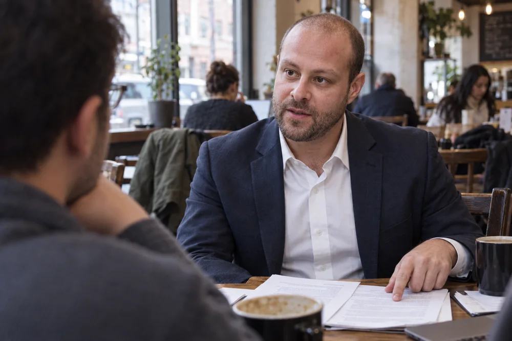 Joshua Butnick explaining lease terms to a business tenant over coffee